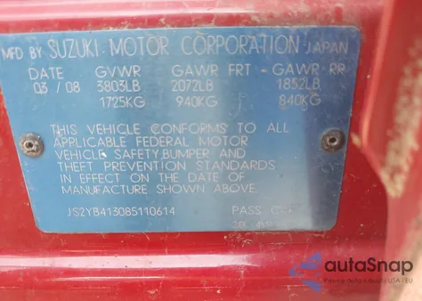 2008 Suzuki Sx4 Convenience/Touring из США, поврежденный, VIN JS2YB413085110614